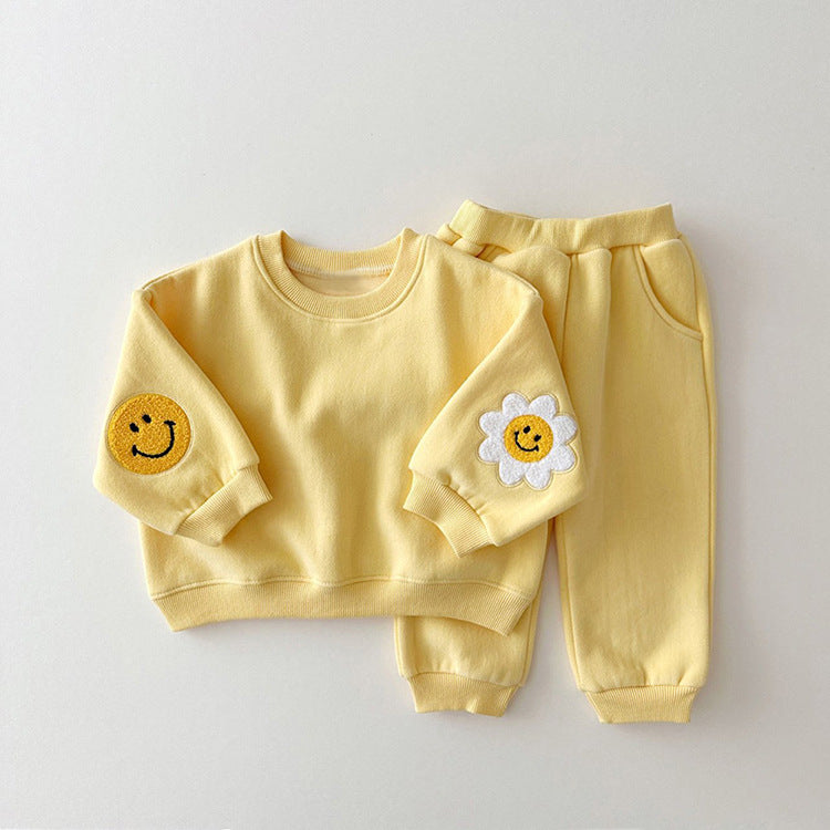 Baby's Sunflower Smiley Sweater Casual Sports Suit Boy's Spring Suit Girl's Casual Sports Two-piece Suit