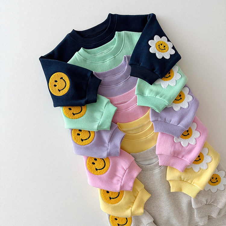 Baby's Sunflower Smiley Sweater Casual Sports Suit Boy's Spring Suit Girl's Casual Sports Two-piece Suit
