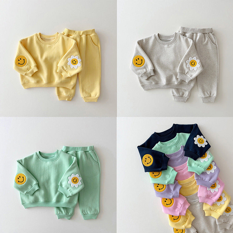 Baby's Sunflower Smiley Sweater Casual Sports Suit Boy's Spring Suit Girl's Casual Sports Two-piece Suit