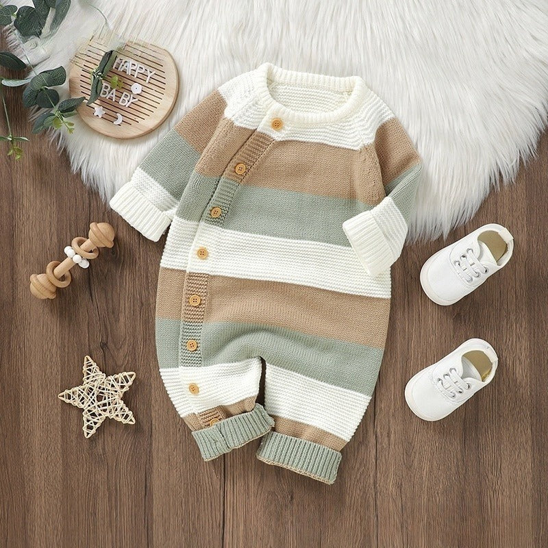 Knitted Striped Baby Romper Jumpsuit - Single-Breasted One-Piece for Boys & Girls - Free Shipping