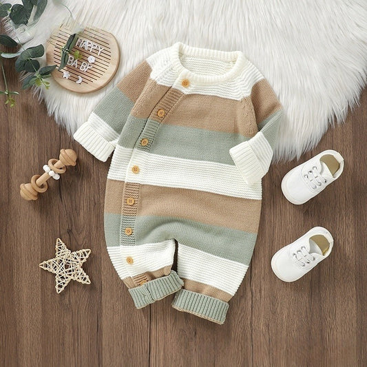 Knitted Striped Baby Romper Jumpsuit - Single-Breasted One-Piece for Boys & Girls - Free Shipping