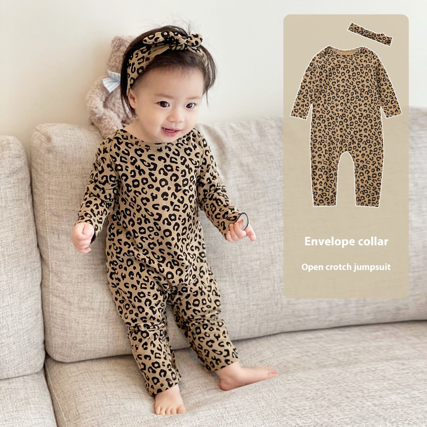 Baby Leopard Print Cotton Jumpsuit - Long Sleeve Romper with Snap Closure
