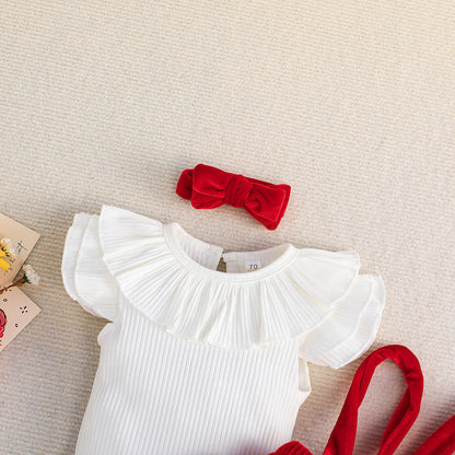 Baby Girl Flounced Sleeve Romper Set - Adorable 3-Piece Outfit with Headband