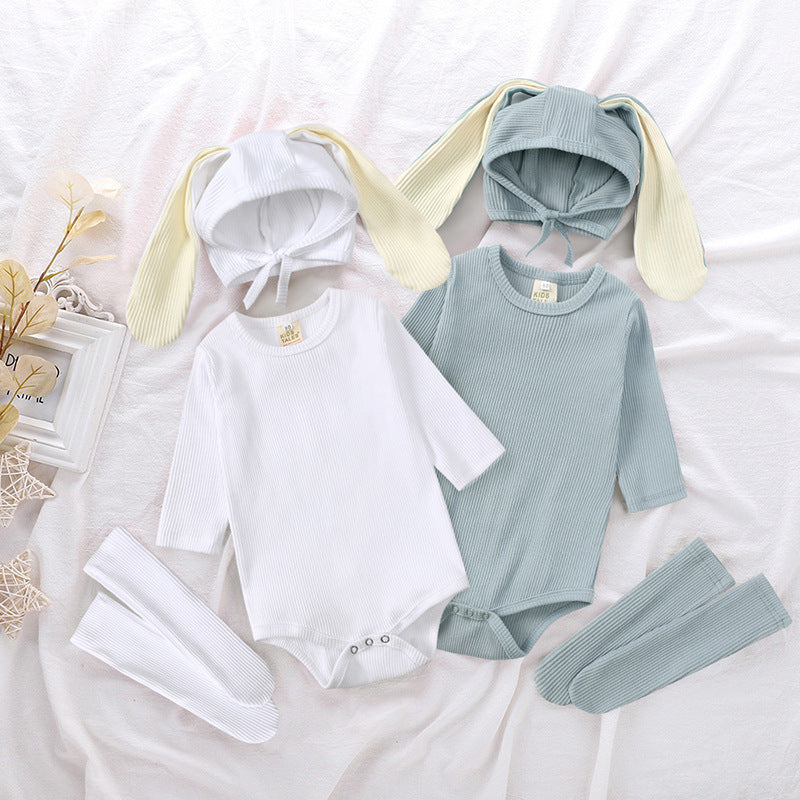 Baby Bunny Ears Romper Set - 3-Piece Long Sleeve Outfit with Hat & Pants