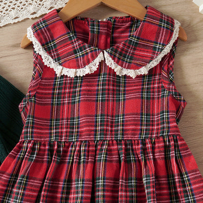 Girls Autumn Knitted Lace Top & Plaid Vest Skirt Set - 2-Piece Outfit