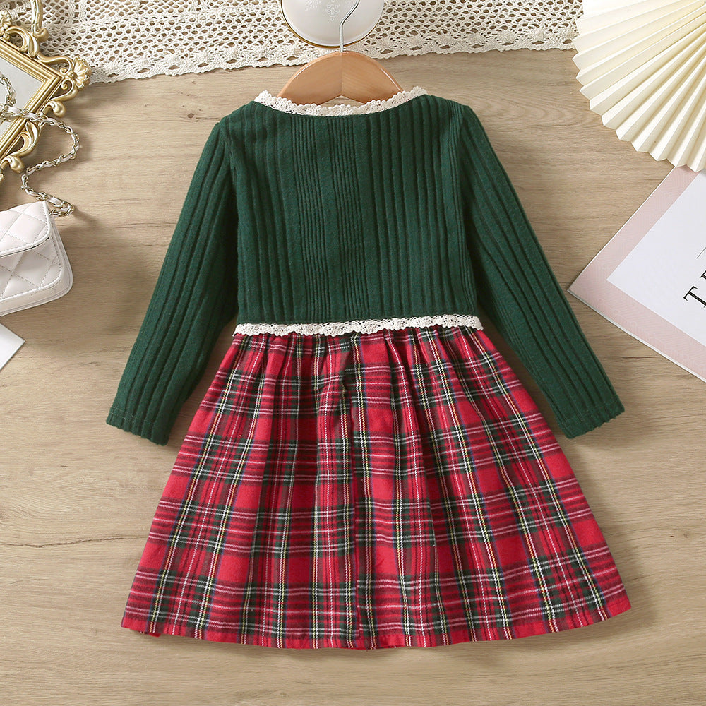 Girls Autumn Knitted Lace Top & Plaid Vest Skirt Set - 2-Piece Outfit