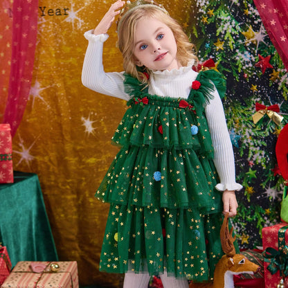 Girls Christmas Tree Suspender Dress - Festive Holiday Jumper Outfit