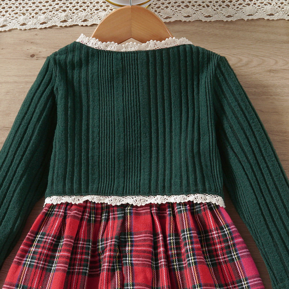 Girls Autumn Knitted Lace Top & Plaid Vest Skirt Set - 2-Piece Outfit