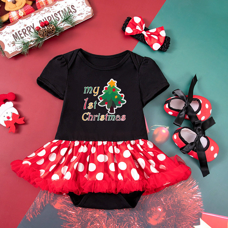 Baby Girl Christmas Party Outfit - Festive 3-Piece Set with Gown, Shoes & Hair Accessories