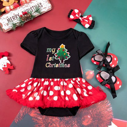 Baby Girl Christmas Party Outfit - Festive 3-Piece Set with Gown, Shoes & Hair Accessories