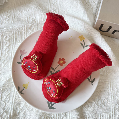 Baby Winter Terry Non-Slip Floor Socks - Warm Red Socks for Toddlers - Free Shipping