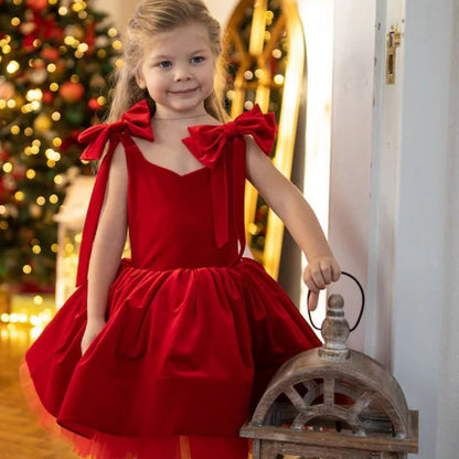 Girls Christmas Bow Suspender Dress - Adorable Bud Skirt Holiday Outfit