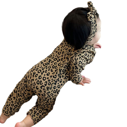 Baby Leopard Print Cotton Jumpsuit - Long Sleeve Romper with Snap Closure