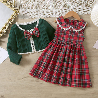 Girls Autumn Knitted Lace Top & Plaid Vest Skirt Set - 2-Piece Outfit