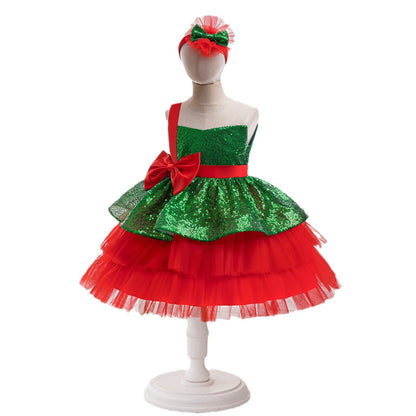 Girls Christmas Red & Green Outfit - European Style Holiday Dress Set