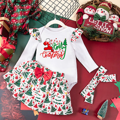 Girls' Christmas 3-Piece Set - Long Sleeve Jumpsuit, Headband & Skirt