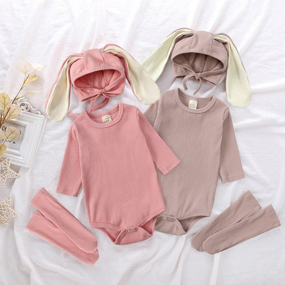 Baby Bunny Ears Romper Set - 3-Piece Long Sleeve Outfit with Hat & Pants