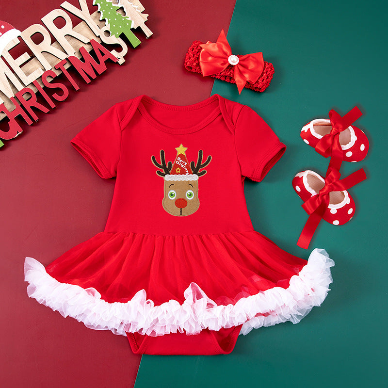 Baby Girl Christmas Party Outfit - Festive 3-Piece Set with Gown, Shoes & Hair Accessories
