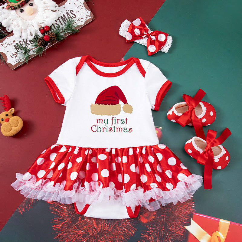 Baby Girl Christmas Party Outfit - Festive 3-Piece Set with Gown, Shoes & Hair Accessories