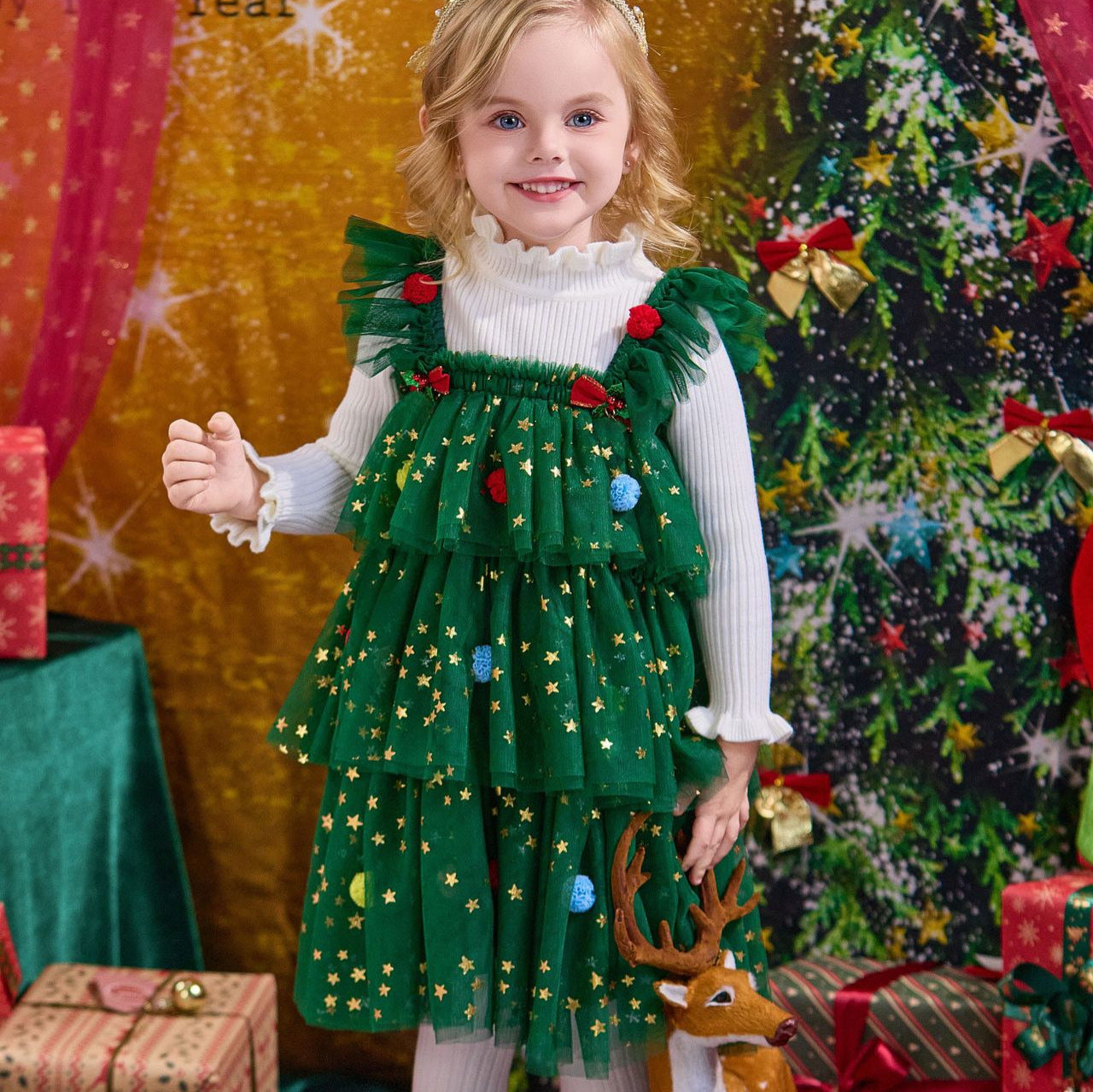 Girls Christmas Tree Suspender Dress - Festive Holiday Jumper Outfit