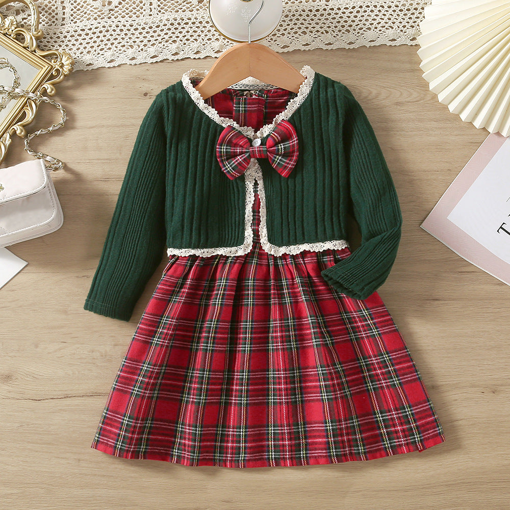 Girls Autumn Knitted Lace Top & Plaid Vest Skirt Set - 2-Piece Outfit