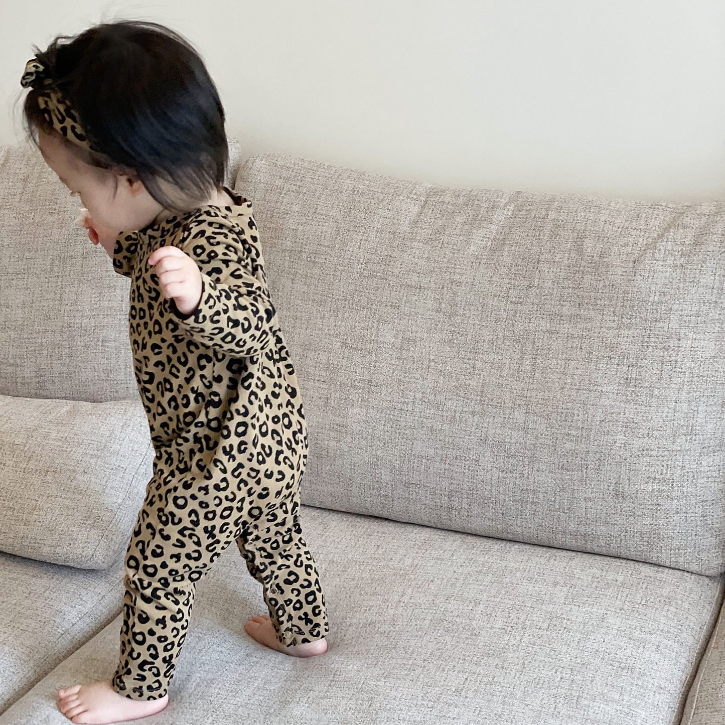 Baby Leopard Print Cotton Jumpsuit - Long Sleeve Romper with Snap Closure