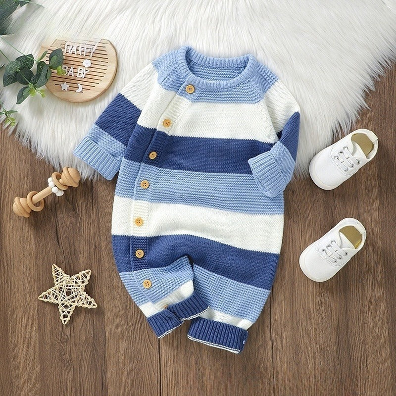 Knitted Striped Baby Romper Jumpsuit - Single-Breasted One-Piece for Boys & Girls - Free Shipping
