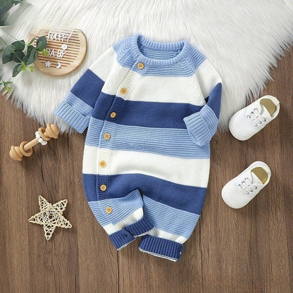 Knitted Striped Baby Romper Jumpsuit - Single-Breasted One-Piece for Boys & Girls - Free Shipping