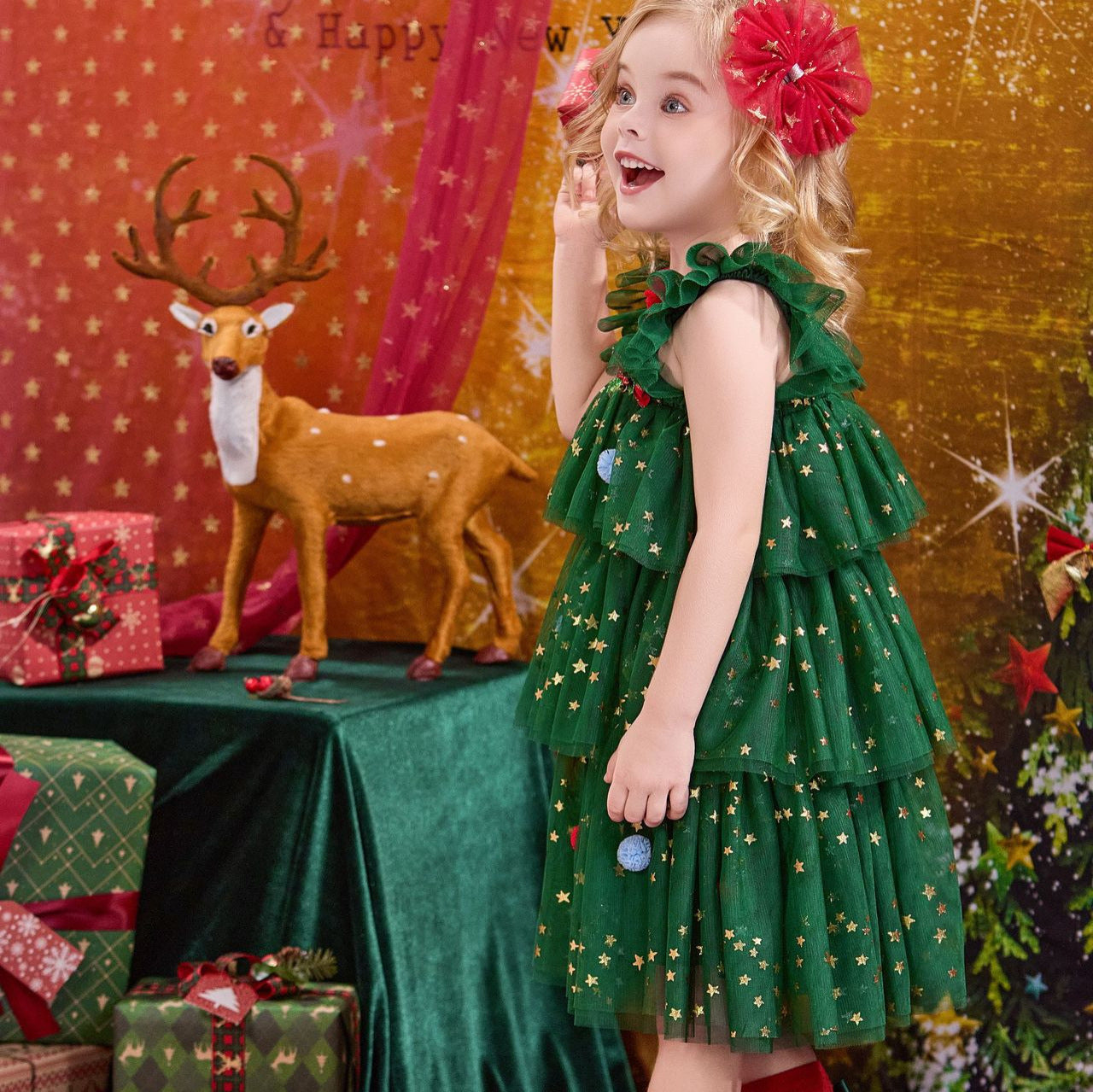 Girls Christmas Tree Suspender Dress - Festive Holiday Jumper Outfit