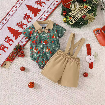 Baby Boys' Christmas Gentleman Suit - Short Sleeve Shirt & Suspender Pants Set