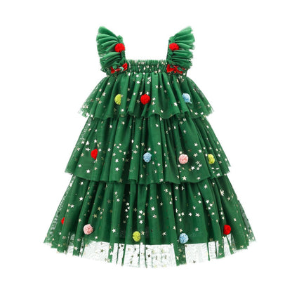 Girls Christmas Tree Suspender Dress - Festive Holiday Jumper Outfit