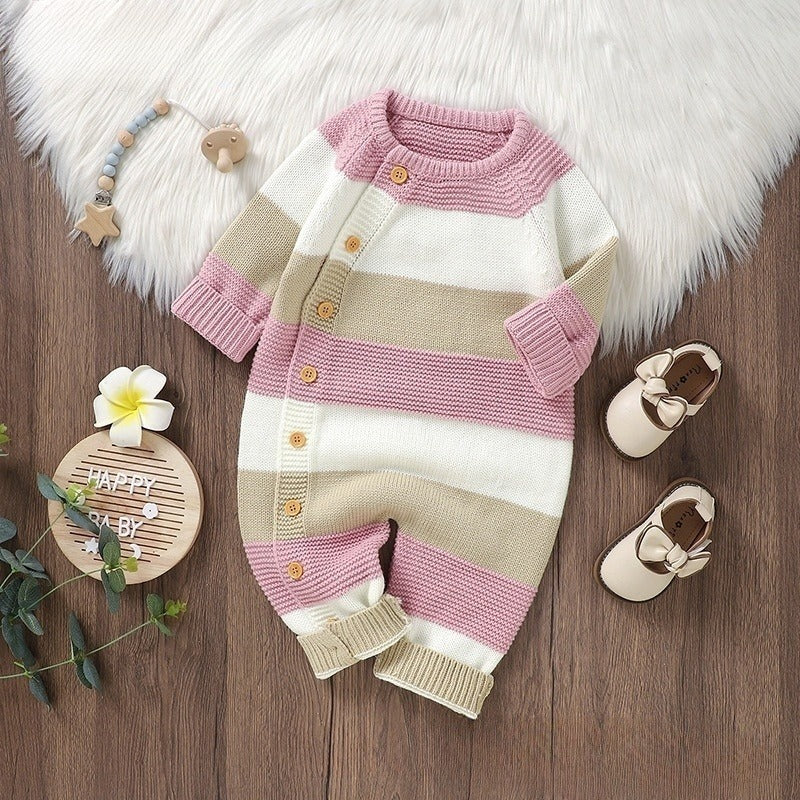 Knitted Striped Baby Romper Jumpsuit - Single-Breasted One-Piece for Boys & Girls - Free Shipping