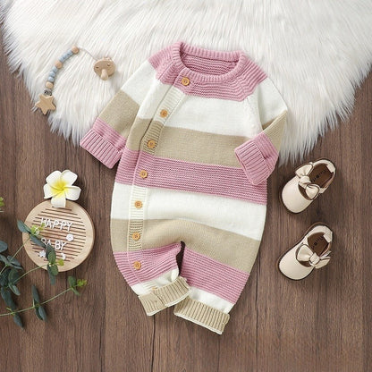 Knitted Striped Baby Romper Jumpsuit - Single-Breasted One-Piece for Boys & Girls - Free Shipping