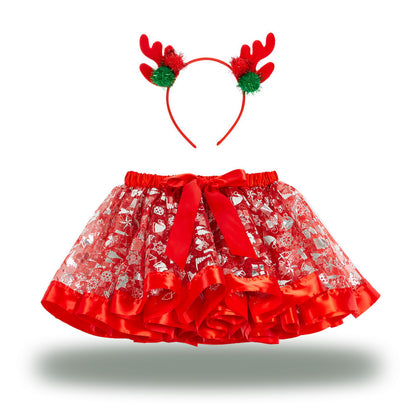 Christmas Tutu Skirt Set with Headband - Girls Festive Pettiskirt & Hair Accessory