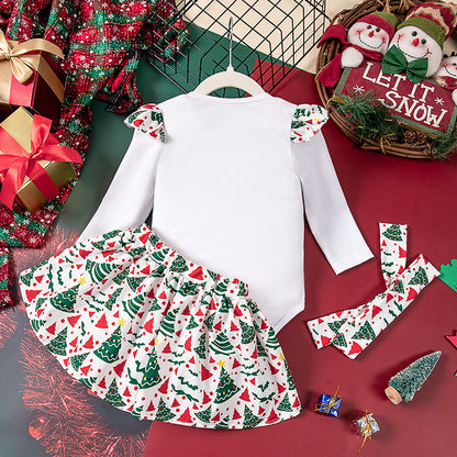 Girls' Christmas 3-Piece Set - Long Sleeve Jumpsuit, Headband & Skirt