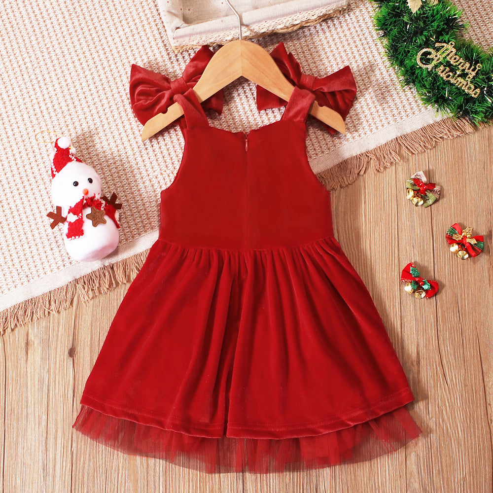 Girls Christmas Bow Suspender Dress - Adorable Bud Skirt Holiday Outfit