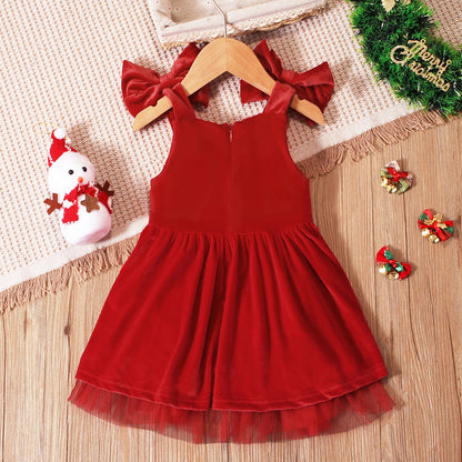 Girls Christmas Bow Suspender Dress - Adorable Bud Skirt Holiday Outfit
