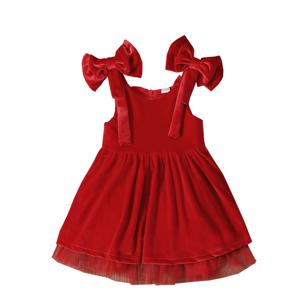 Girls Christmas Bow Suspender Dress - Adorable Bud Skirt Holiday Outfit