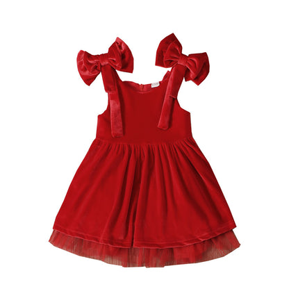 Girls Christmas Bow Suspender Dress - Adorable Bud Skirt Holiday Outfit