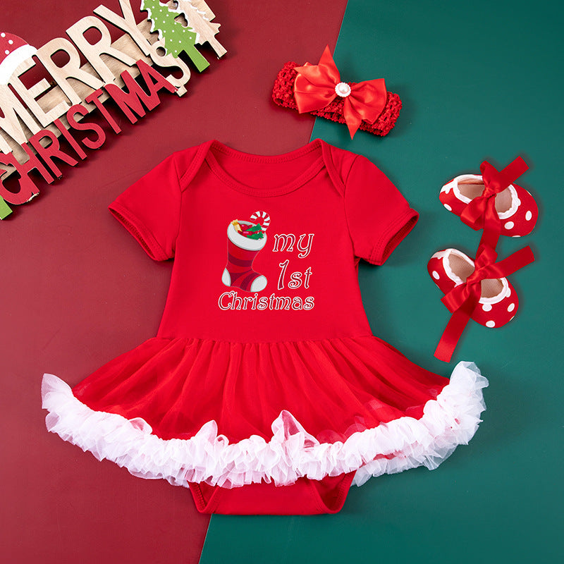 Baby Girl Christmas Party Outfit - Festive 3-Piece Set with Gown, Shoes & Hair Accessories