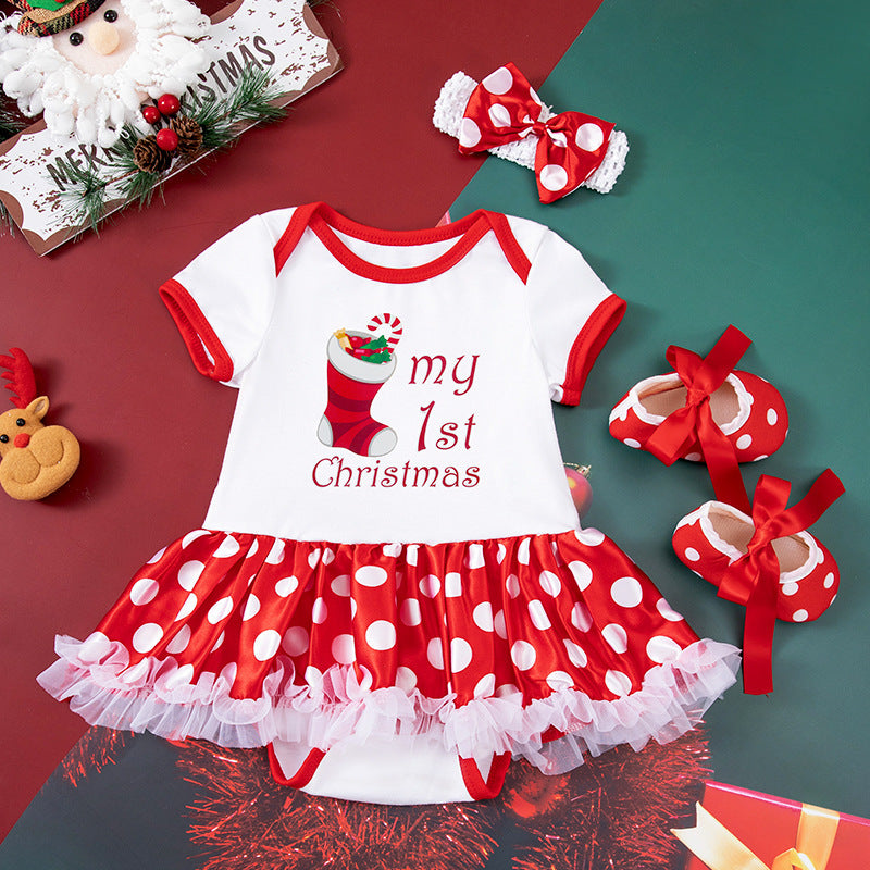 Baby Girl Christmas Party Outfit - Festive 3-Piece Set with Gown, Shoes & Hair Accessories