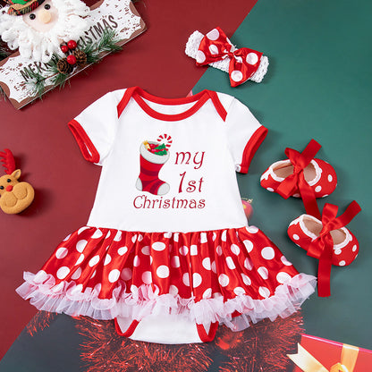 Baby Girl Christmas Party Outfit - Festive 3-Piece Set with Gown, Shoes & Hair Accessories