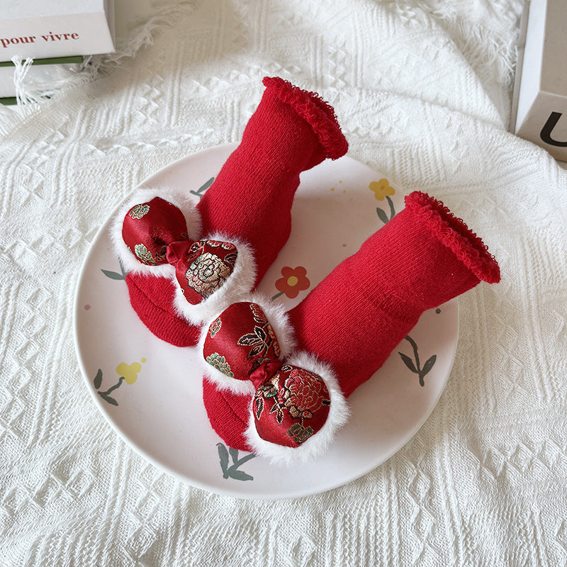 Baby Winter Terry Non-Slip Floor Socks - Warm Red Socks for Toddlers - Free Shipping