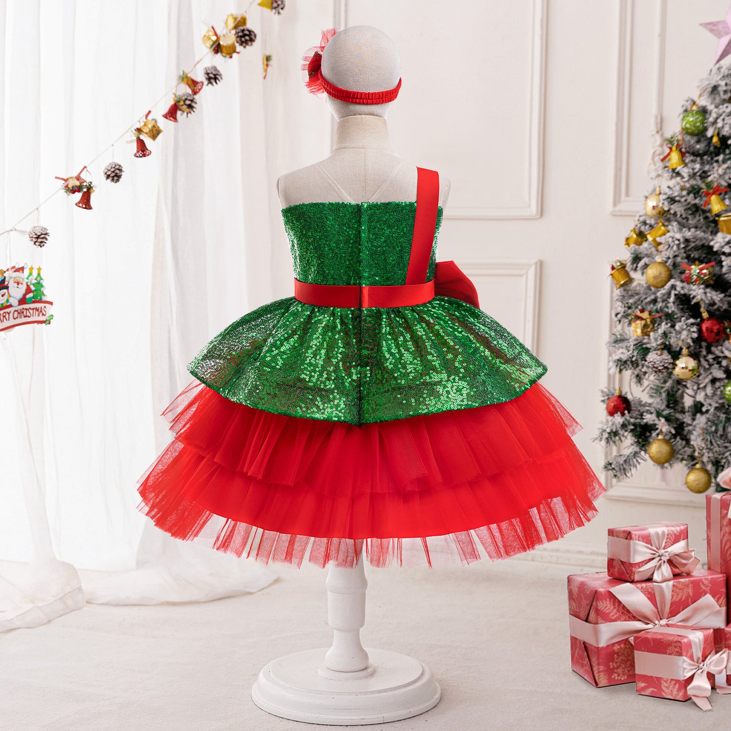 Girls Christmas Red & Green Outfit - European Style Holiday Dress Set