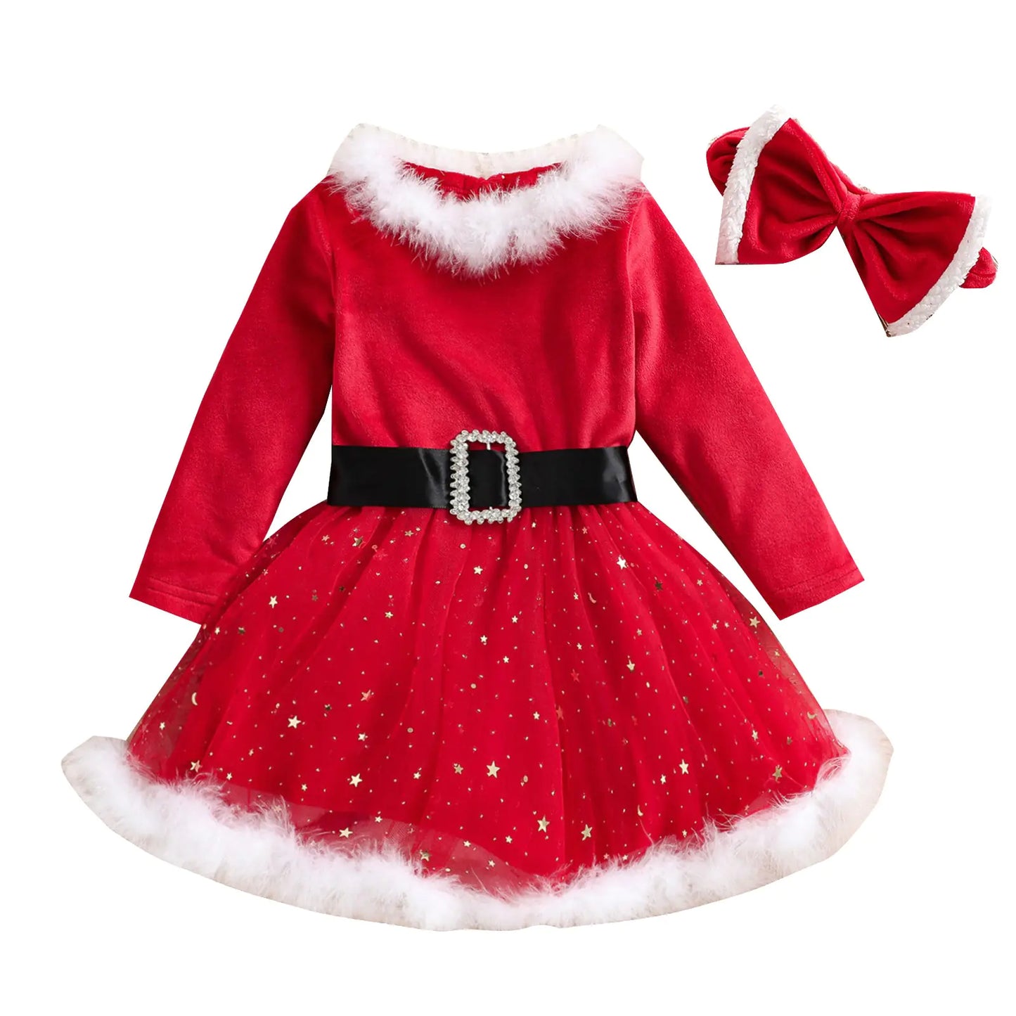 Festive Christmas Dress & Headband Set for Girls - Red Cotton Holiday Outfit