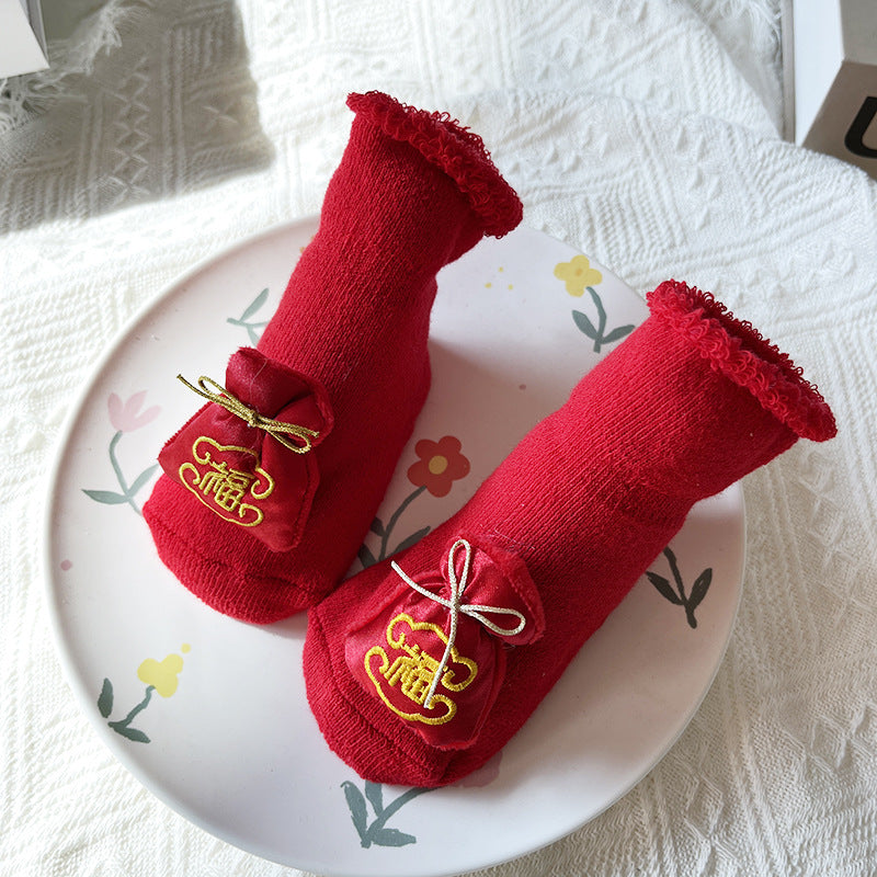 Baby Winter Terry Non-Slip Floor Socks - Warm Red Socks for Toddlers - Free Shipping