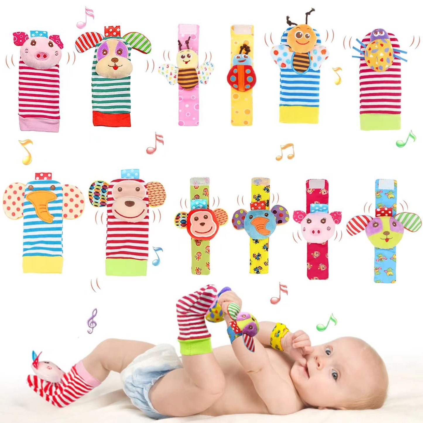 Baby Sensory Wrist Rattle & Socks Set - Cute Animal Cartoon Developmental Toy - Free Shipping