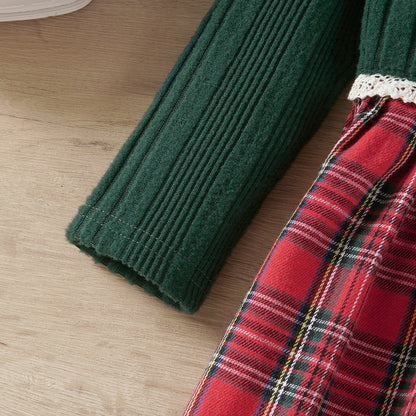 Girls Autumn Knitted Lace Top & Plaid Vest Skirt Set - 2-Piece Outfit