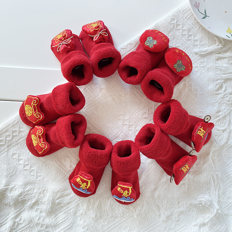 Baby Winter Terry Non-Slip Floor Socks - Warm Red Socks for Toddlers - Free Shipping