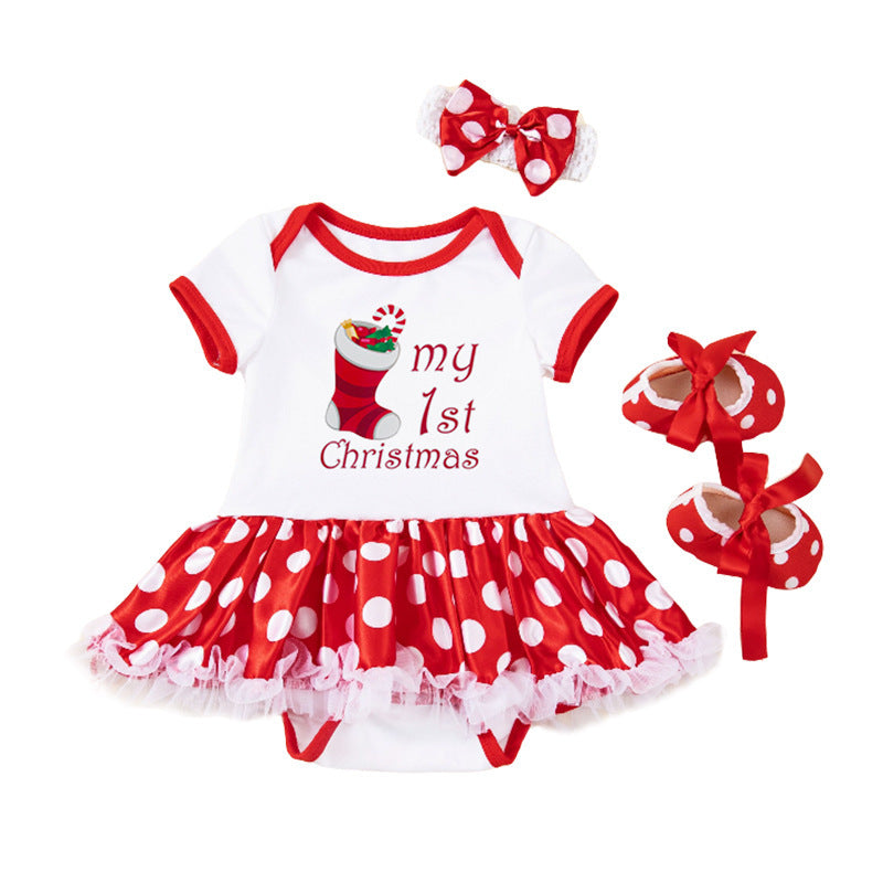Baby Girl Christmas Party Outfit - Festive 3-Piece Set with Gown, Shoes & Hair Accessories